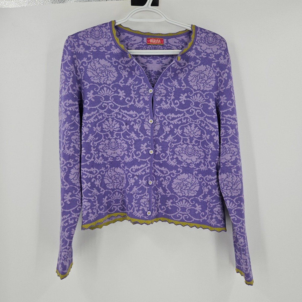 Oleana Norway Silk Wool Cardigan Purple Damask Scalloped Knit Button Front Sz L